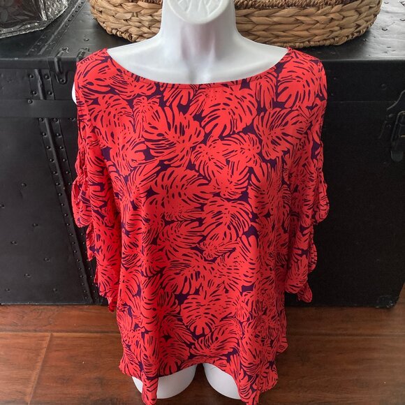 Bold Elements Poppy Palm Orange Plum Floral Ruffle Elbow Sleeve Blouse Large - Picture 1 of 7